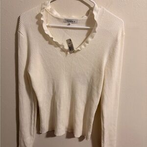 Hooked Up Cream Ribbed Ruffle Neck Long Sleeve Top